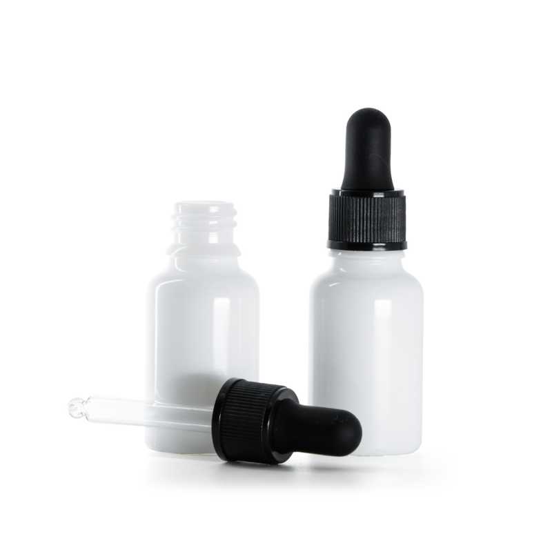 Flacone in vetro, bianco, contagocce nero opaco, 15 ml