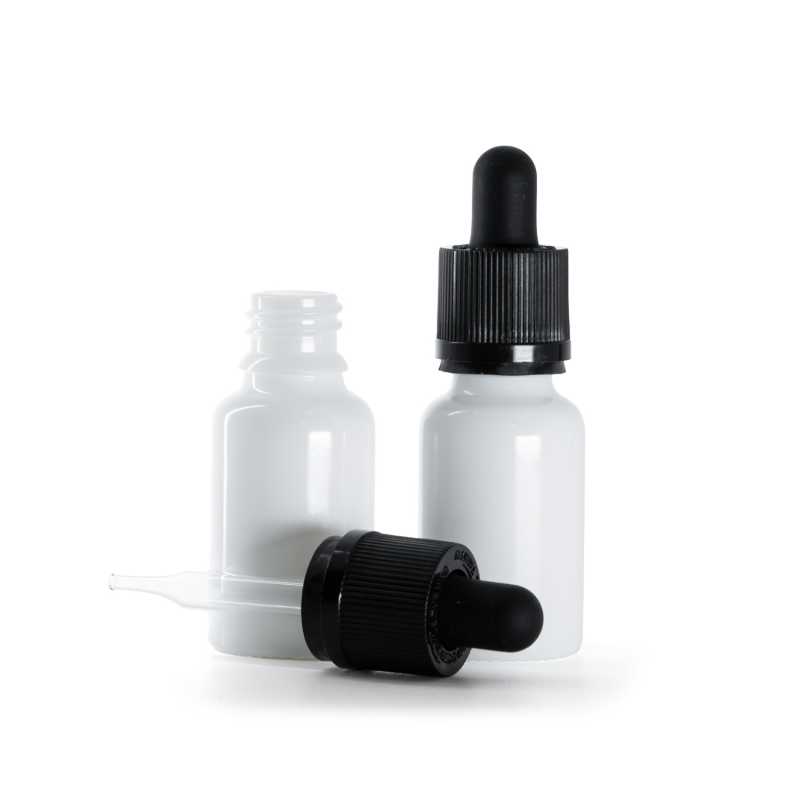 Flacone in vetro, contagocce di sicurezza antimanomissione, bianco, 15 ml