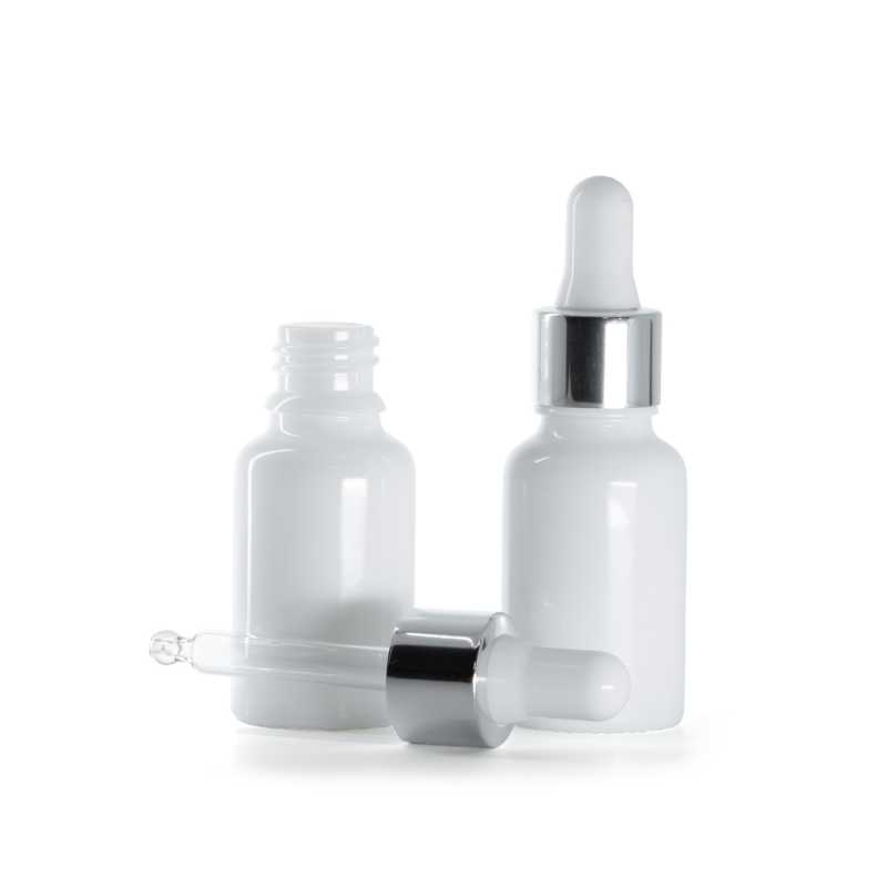 Flacone in vetro, bianco, contagocce argento lucido, 15 ml
