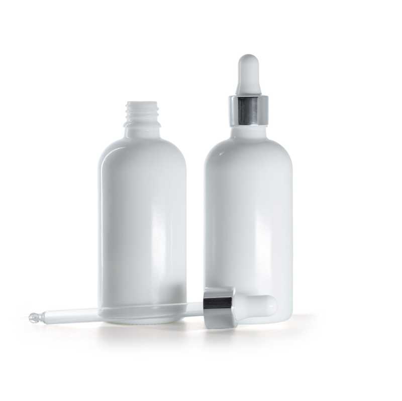 Bottiglia in vetro, bianca, contagocce argento lucido, 100 ml