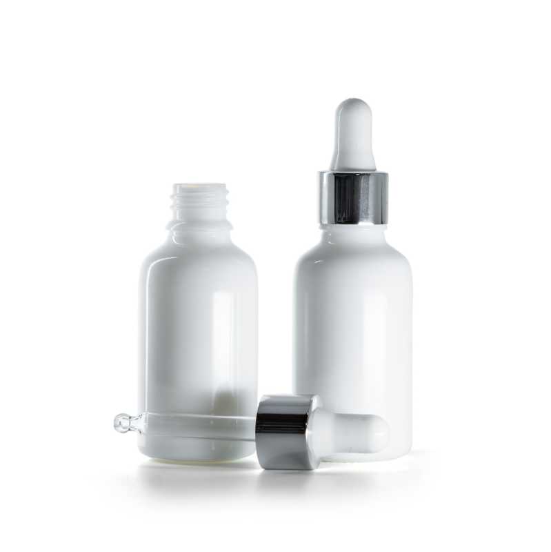 Flacone in vetro, bianco, contagocce argento lucido, 30 ml