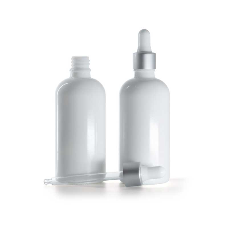 Bottiglia in vetro, bianca, contagocce argento opaco, 100 ml