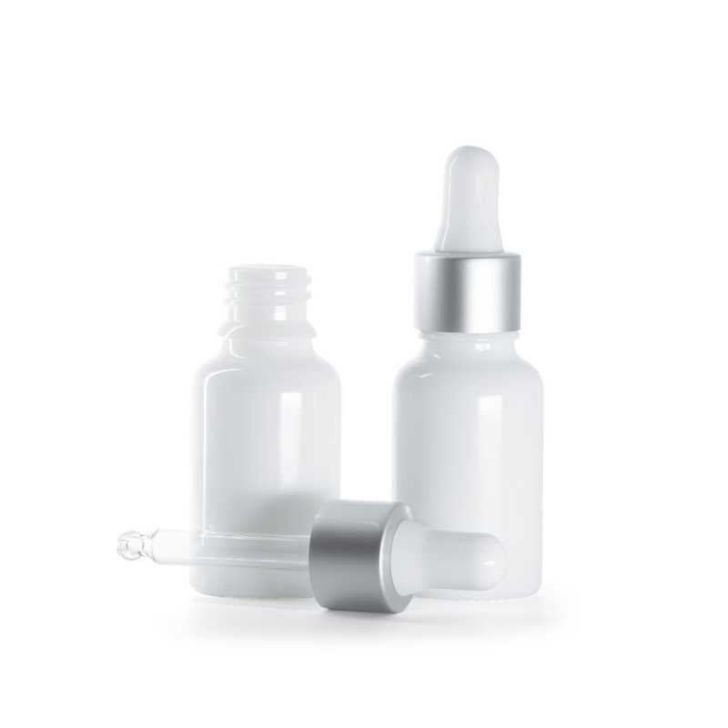 Flacone in vetro, bianco, contagocce bianco argento opaco, 15 ml