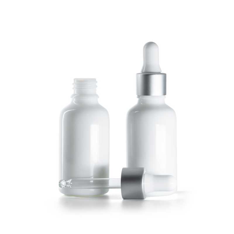 Flacone in vetro, bianco, contagocce argento opaco, 30 ml