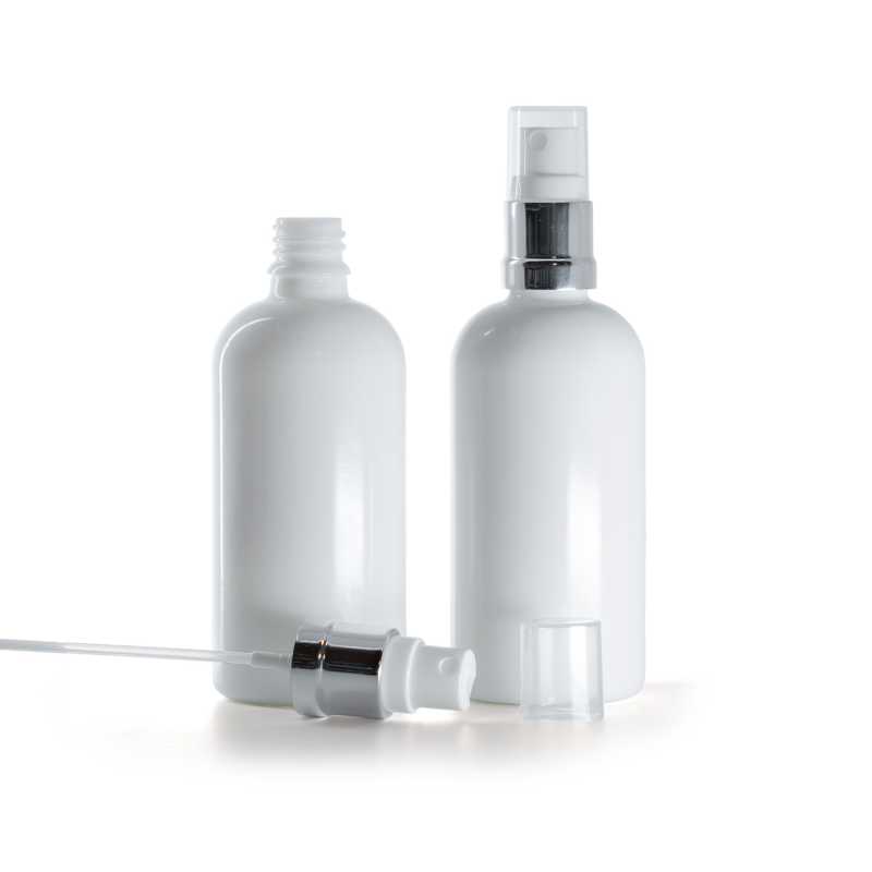 Bottiglia in vetro, bianca, spruzzatore argento lucido, 100 ml
