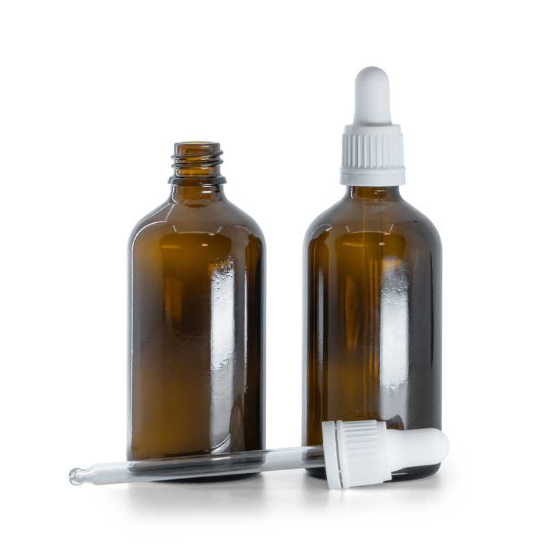 Flacone in vetro ambrato, contagocce bianco, 100 ml