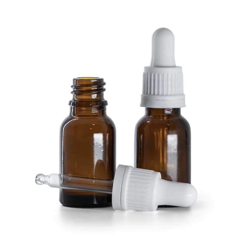 Flacone in vetro ambrato, contagocce bianco, 15 ml