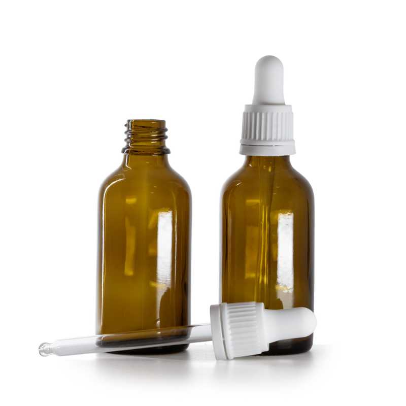 Flacone in vetro, ambra, contagocce bianco, 50 ml