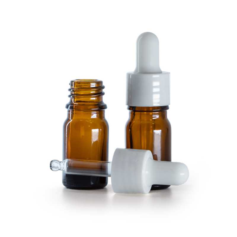 Flacone in vetro ambrato, contagocce bianco lucido, 5 ml