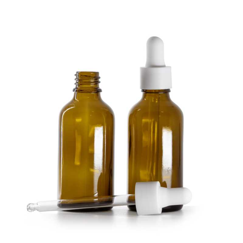 Flacone in vetro ambra, contagocce liscio bianco opaco, 50 ml