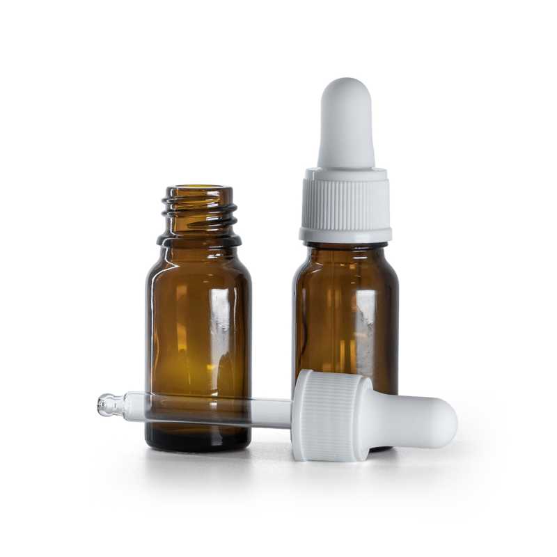 Flacone in vetro ambrato, contagocce bianco opaco, 10 ml