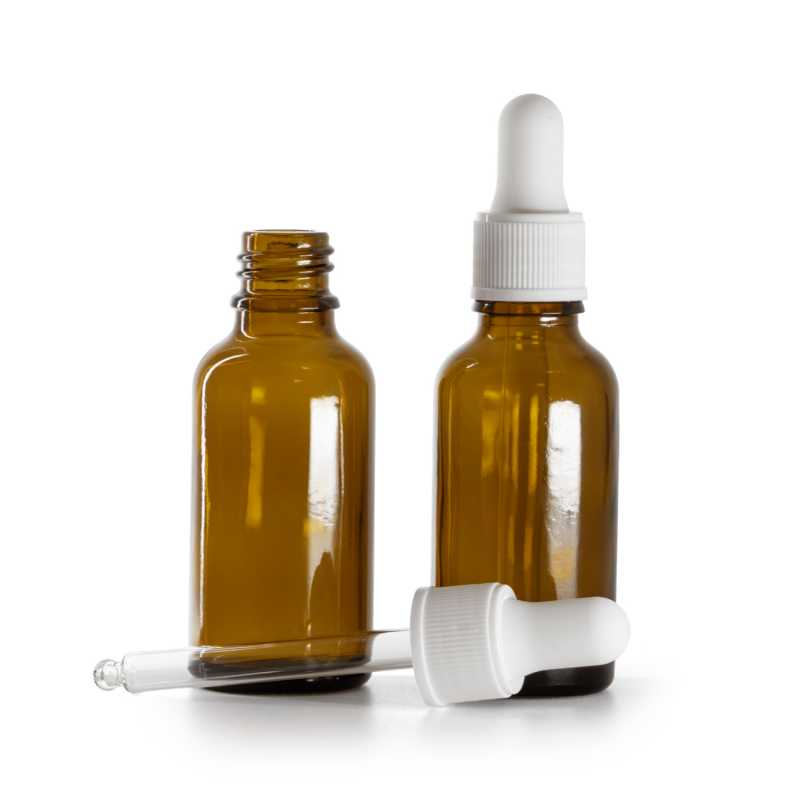 Flacone in vetro ambrato, contagocce bianco opaco, 30 ml