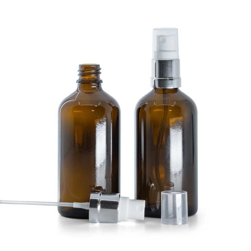 Bottiglia in vetro ambrato, spruzzatore bianco argento, 100 ml