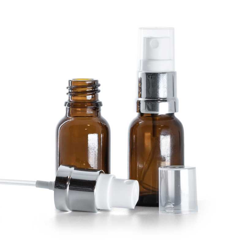 Bottiglia in vetro ambrato, spruzzatore bianco argento, 15 ml