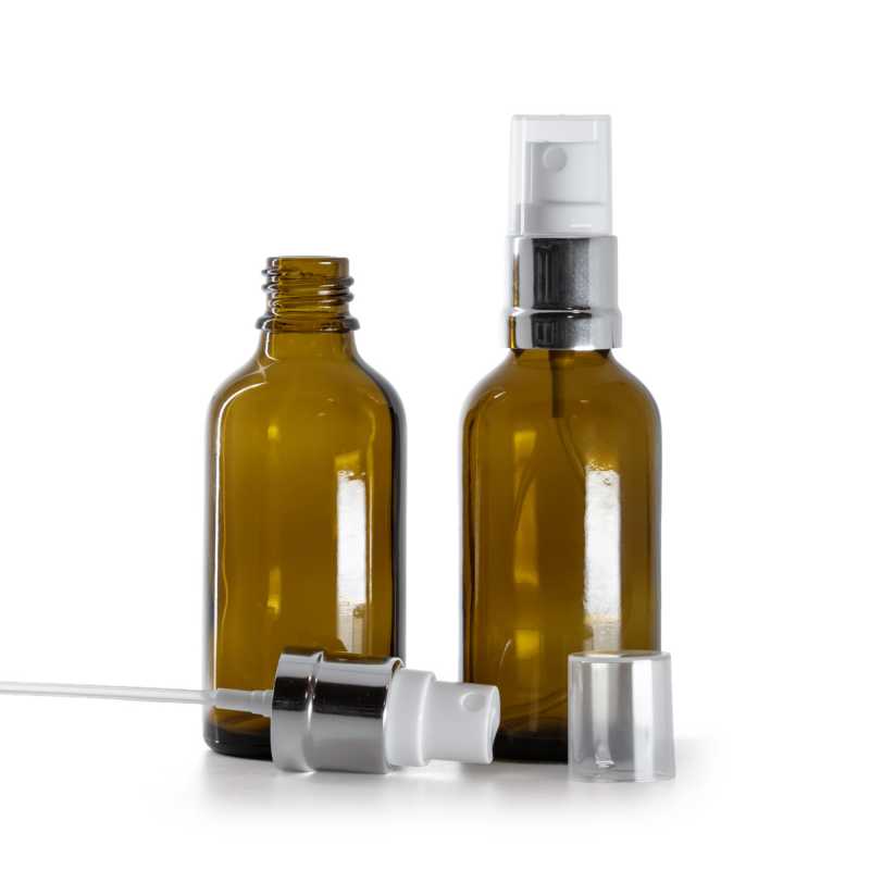 Bottiglia in vetro ambrato, spruzzatore bianco argento, 50 ml
