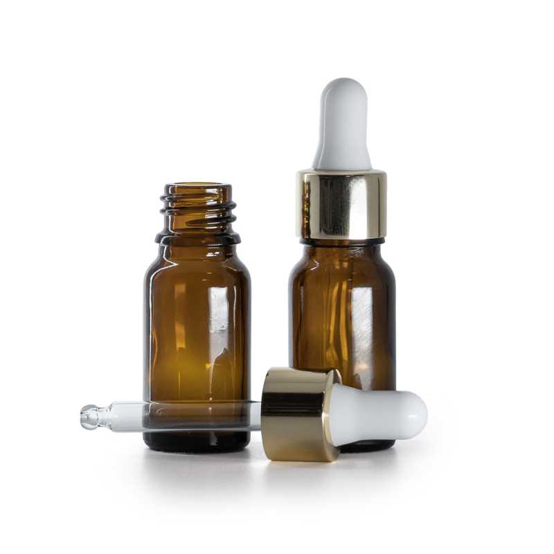 Flacone in vetro ambrato, contagocce bianco oro, 10 ml