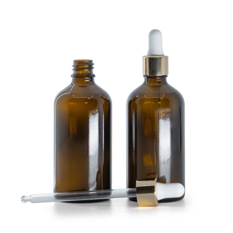 Flacone in vetro ambrato, contagocce bianco dorato, 100 ml