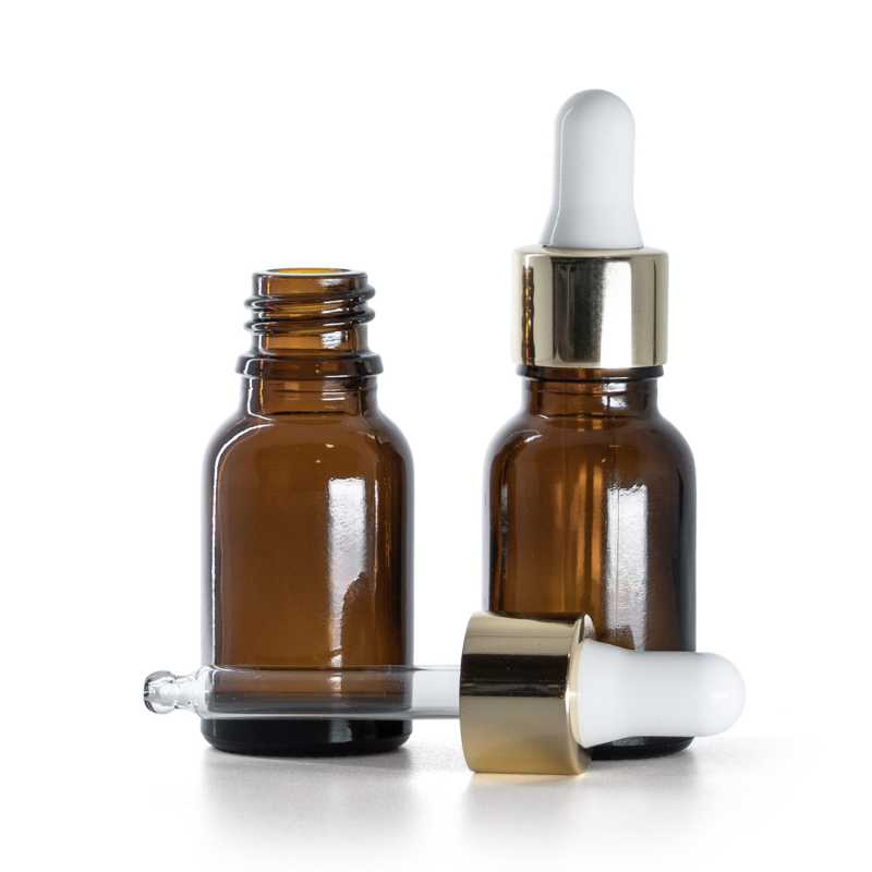 Flacone in vetro ambrato, contagocce bianco oro, 15 ml
