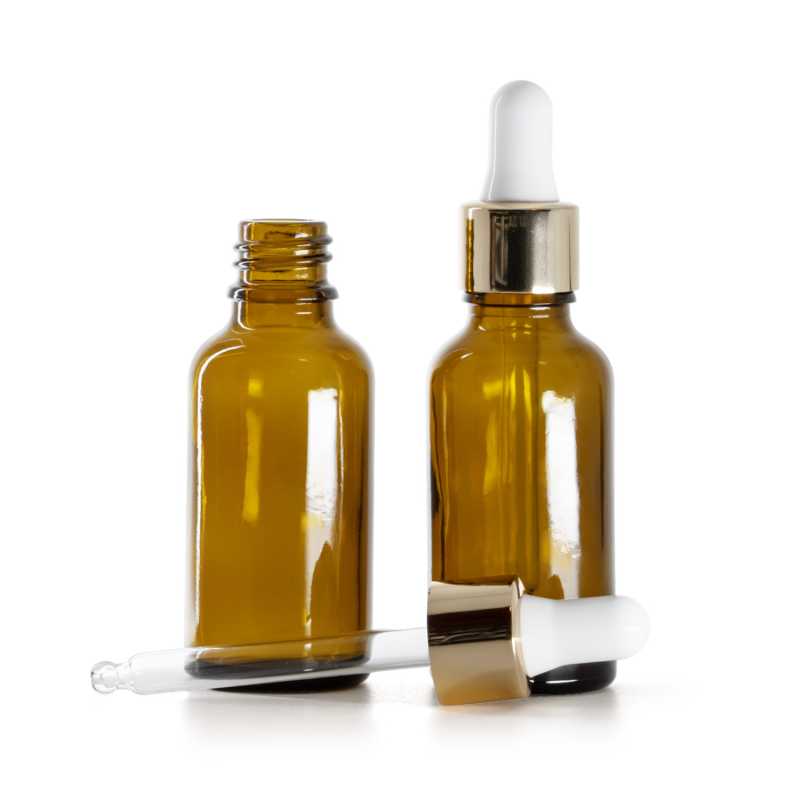 Flacone in vetro, ambra, contagocce bianco oro, 30 ml