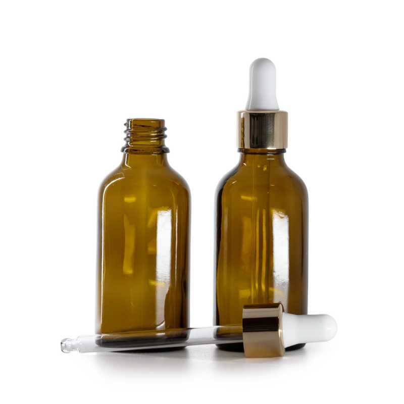 Flacone in vetro, contagocce, bianco/oro, 50 ml