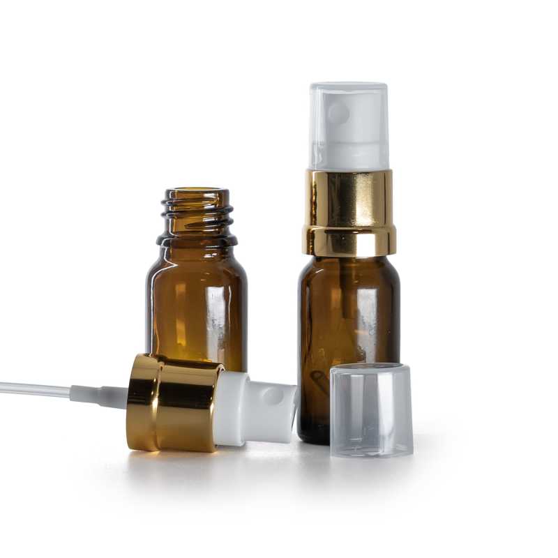 Flacone in vetro ambra, spruzzatore bianco oro, 10 ml
