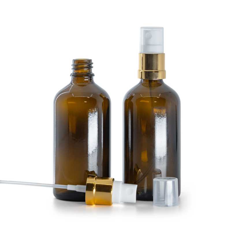 Bottiglia in vetro, ambra, spruzzatore bianco oro, 100 ml