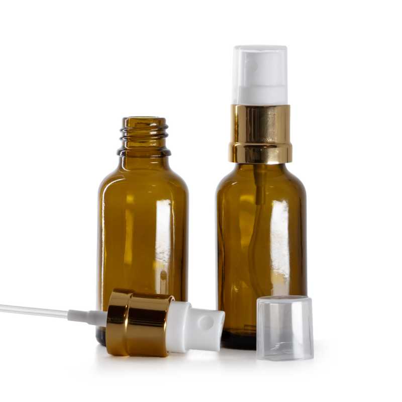 Flacone in vetro ambrato, spruzzatore bianco oro, 30 ml