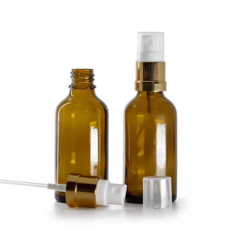 Flacone in vetro ambra, spruzzatore bianco oro, 50 ml