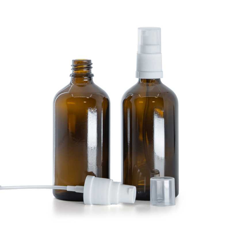 Flacone in vetro ambra, dosatore bianco, 100 ml