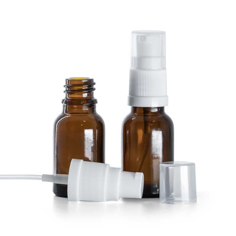 Flacone in vetro ambrato, dosatore bianco, 15 ml