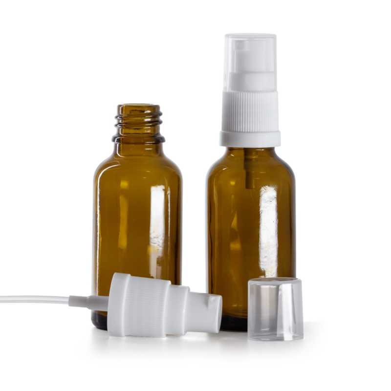 Flacone in vetro ambra, dosatore bianco, 30 ml