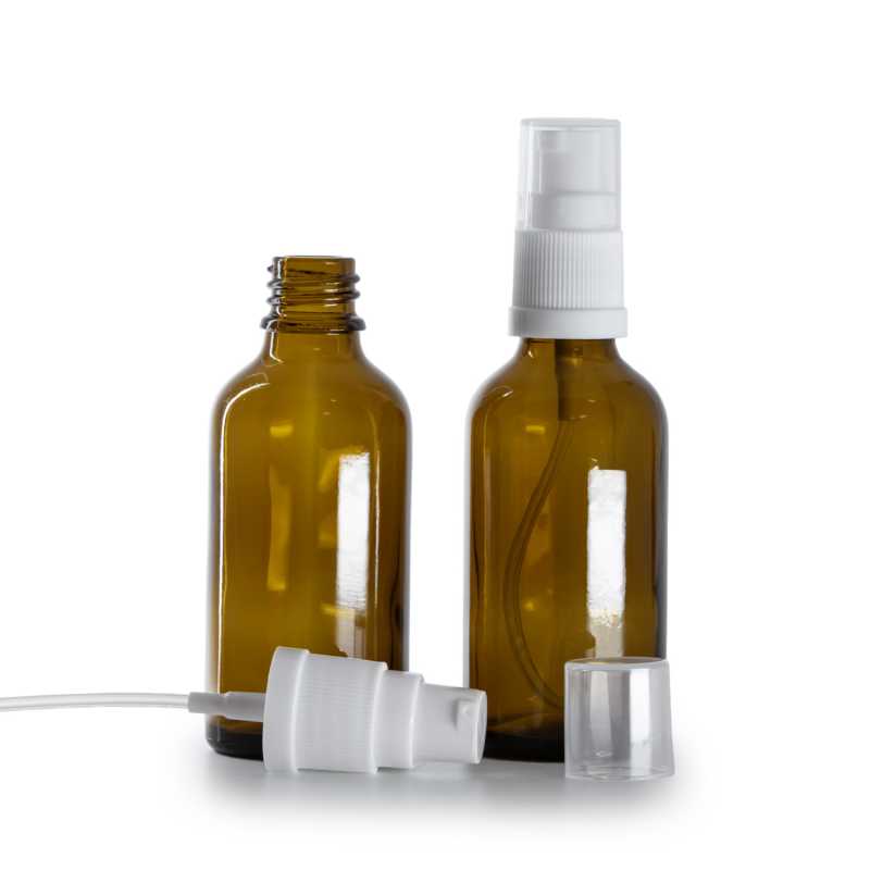 Flacone in vetro ambra, dosatore bianco, 50 ml