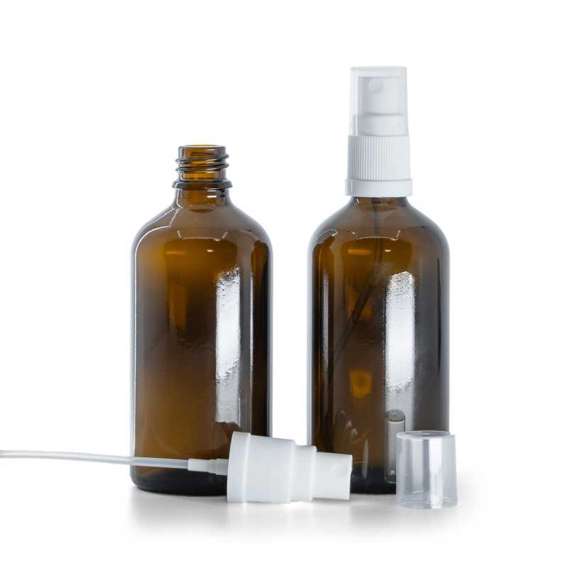 Bottiglia in vetro, ambra, spruzzatore bianco, 100 ml