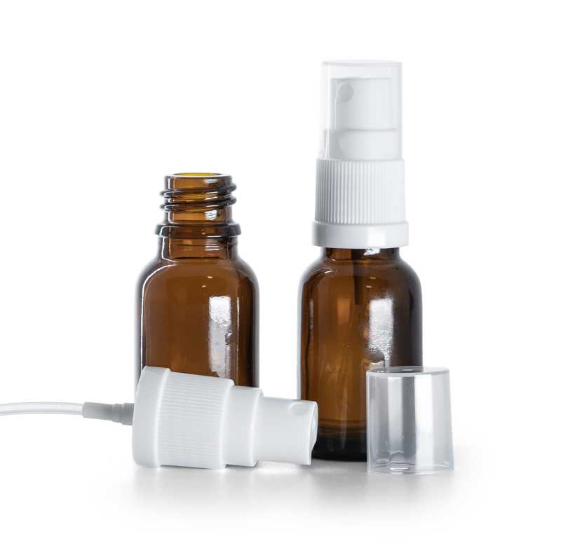 Flacone in vetro ambrato, spruzzatore bianco, 15 ml