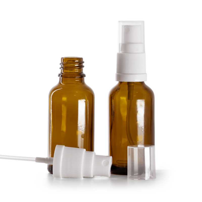 Bottiglia in vetro, ambra, spruzzatore bianco, 30 ml