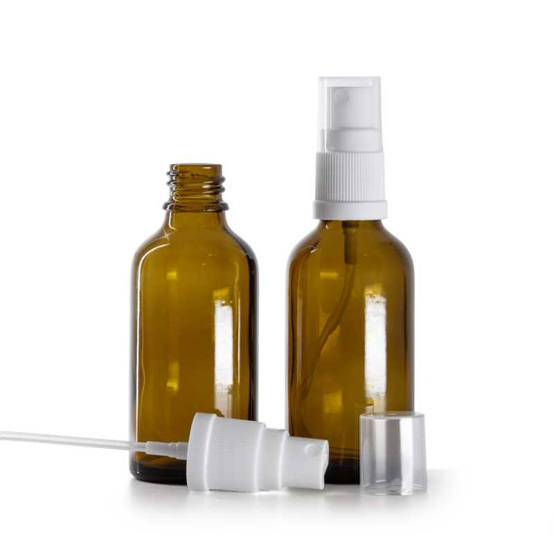 Bottiglia in vetro, ambra, spruzzatore bianco, 50 ml