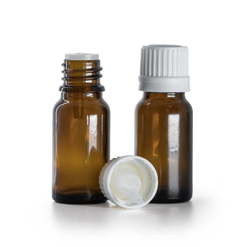 Flacone di vetro ambrato, tappo bianco a prova di bambino con contagocce interno, 10 ml