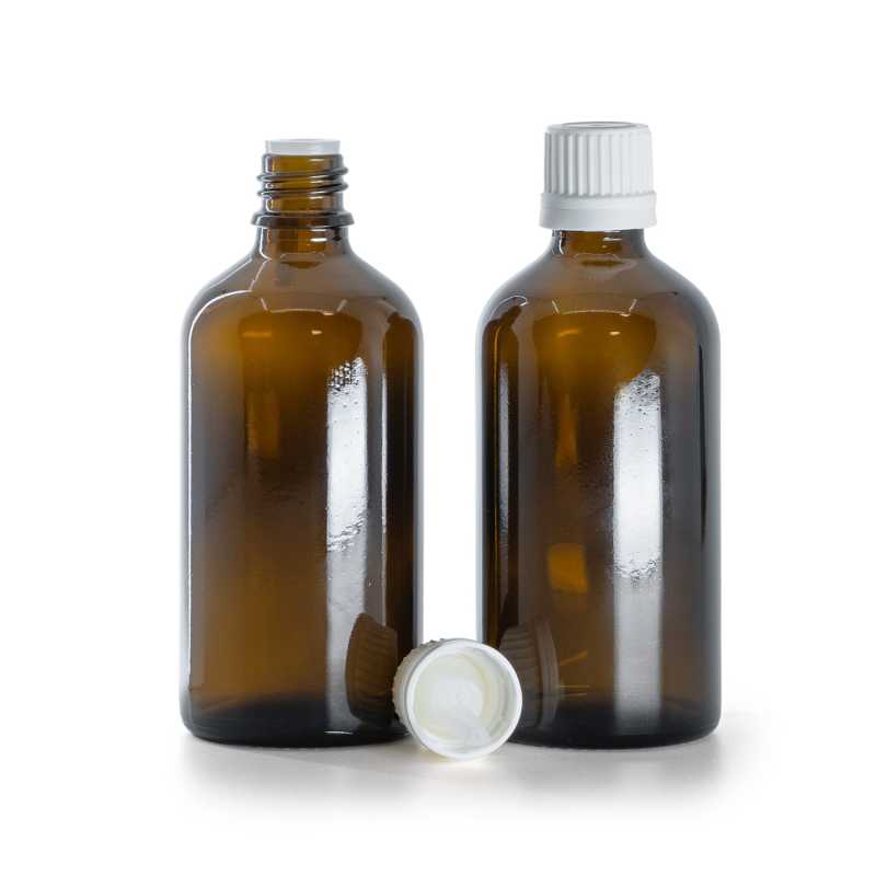 Flacone di vetro ambrato, tappo contagocce antimanomissione bianco, 100 ml