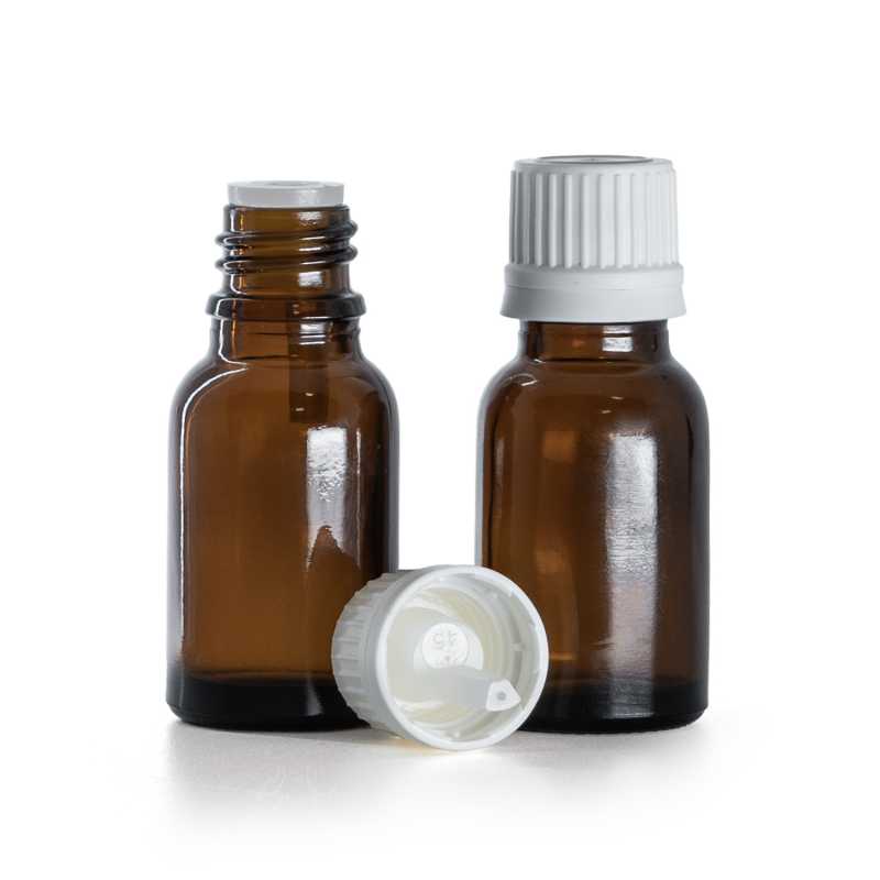 Flaconcino di vetro ambra, tappo contagocce bianco inviolabile, 15 ml