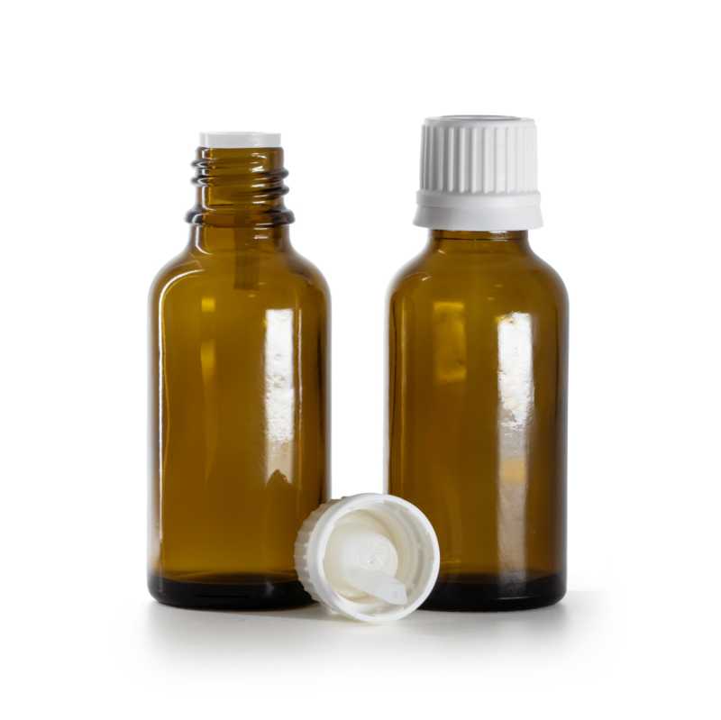 Flaconcino di vetro ambra, tappo bianco con contagocce interno, 30 ml