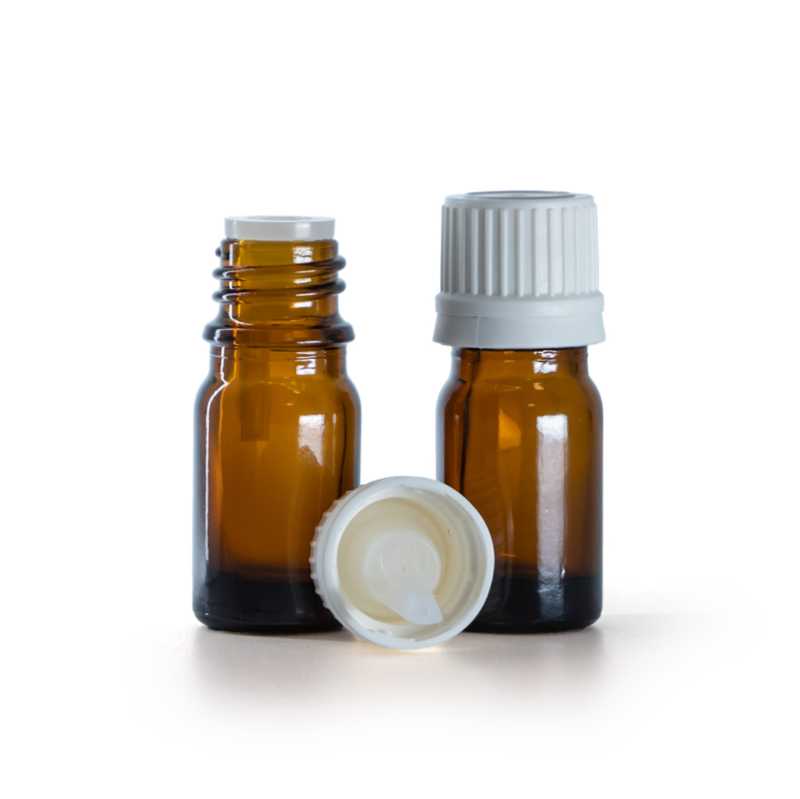 Flaconcino di vetro ambrato, tappo contagocce bianco con sicurezza, 5 ml