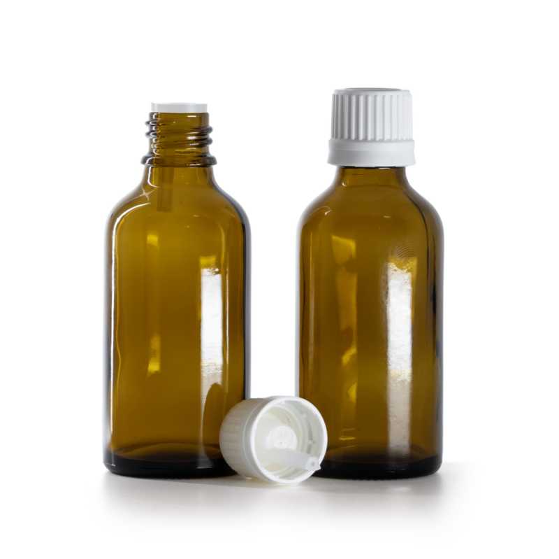 Flaconcino di vetro ambra, tappo bianco con sicurezza e contagocce interno, 50 ml