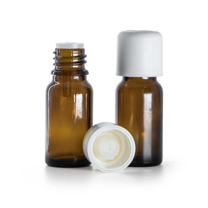 Flacone in vetro ambrato, tappo di sicurezza bianco con contagocce, 10 ml