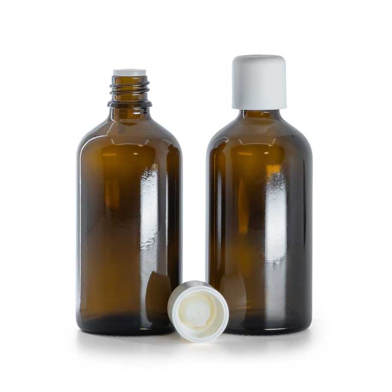 Bottiglia in vetro, ambrata, tappo di sicurezza bianco con contagocce, 100 ml