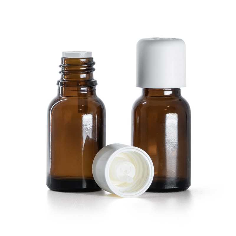 Flacone in vetro ambrato, contagocce, tappo di sicurezza bianco, 15 ml