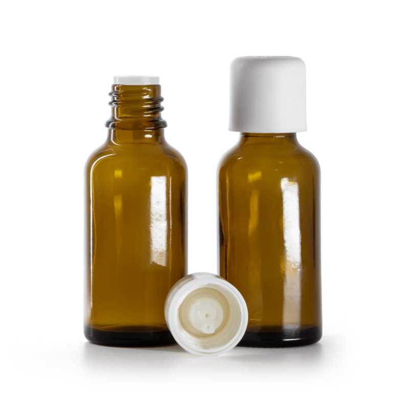 Flacone in vetro ambrato, contagocce, tappo di sicurezza bianco, 30 ml