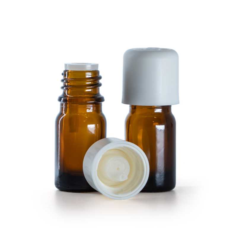 Flacone in vetro ambrato, tappo contagocce di sicurezza bianco, 5 ml
