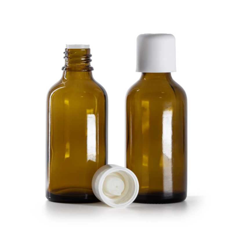 Flacone in vetro ambrato, tappo di sicurezza bianco con contagocce, 50 ml