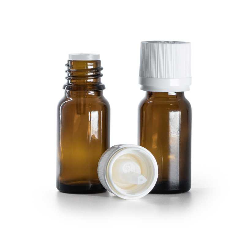 Flacone conta gocce in vetro ambrato, anello di sicurezza bianco con contagocce, 10 ml