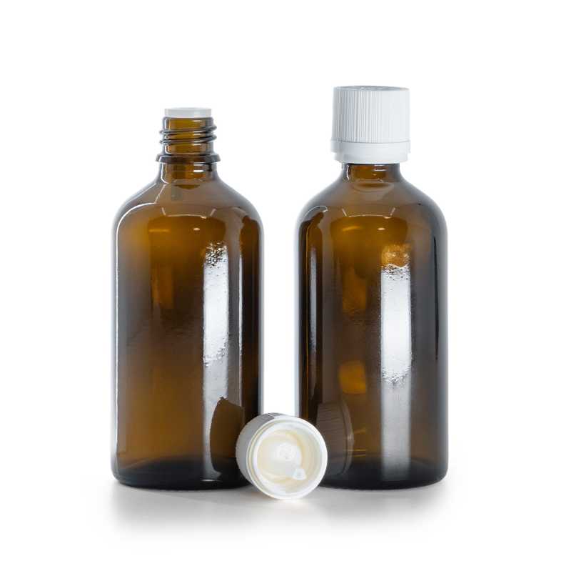 Bottiglia in vetro, ambra, tappo di sicurezza antimanomissione bianco con contagocce, 100 ml